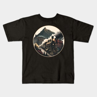 Steam train and mountain landscape vintage style locomotive design Kids T-Shirt